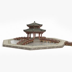 Ancient Asian Architecture Pavilion pool landscape 3D