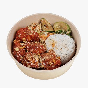 3D Poke bowl lunch with rice korean chicken and cabbage