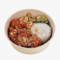 Poke bowl lunch with rice korean chicken and cabbage