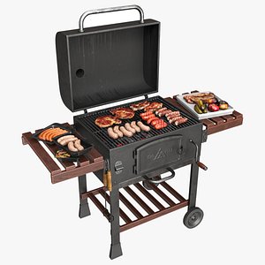 Large grill set with roasted meat and accessories 3D model