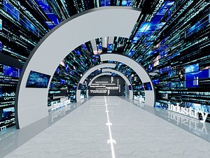 Futuristic Tech Corridor with LED Arches and Media Walls 3D model