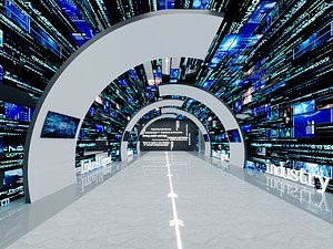 Futuristic Tech Corridor with LED Arches and Media Walls