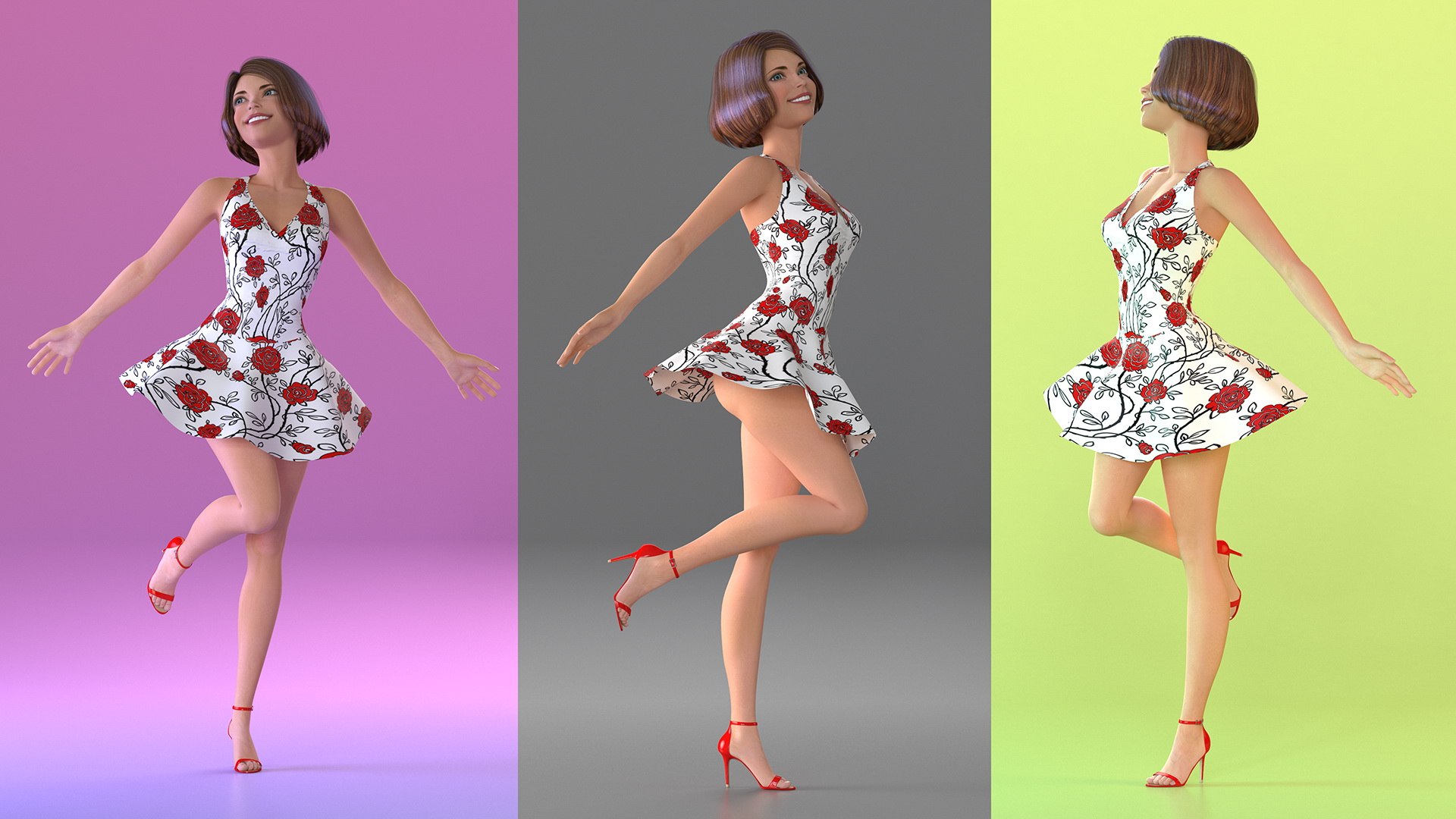 Cartoon Woman Romantic Dress Standing Pose 3D model preview