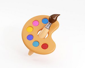 3D Cartoon Art palette with brushes and paints model