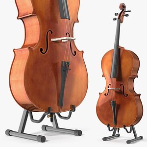 3D Wooden Cello on Metal Floor Stand Brown