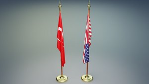 3D Turkish and American Flagpoles