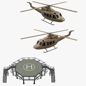 Octagonal Heliport And Military Helicopter 3D model