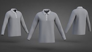 Grey Long-Sleeve Polo Shirt with Collar - Raglan-Style T-Shirt 3D Model