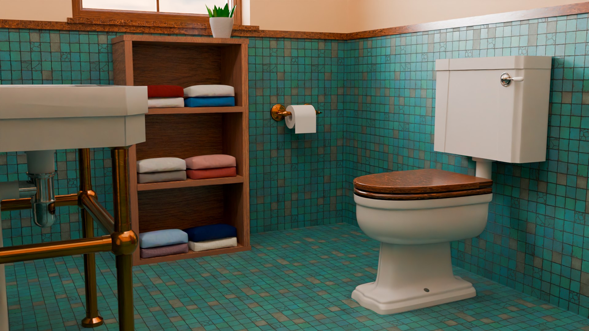 Vintage Style Bathroom Interior With Green Tiles And Wooden Accents 3D ...