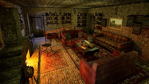3D model Cozy Stone Village House Room with Fireplace