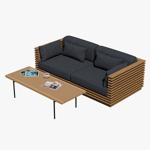 Modern Wooden Slat Sofa with Coffee Table