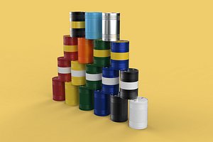 STACKED VARIOUS COLOR FUEL OIL STEEL DRUM GALLON BARREL GAS TANK 3D model