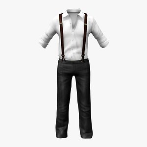 Men Rolled Up Sleeve Shirt And Pants With Suspenders 3D