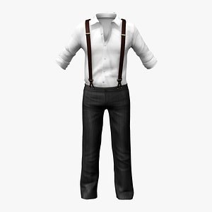 Men Rolled Up Sleeve Shirt And Pants With Suspenders