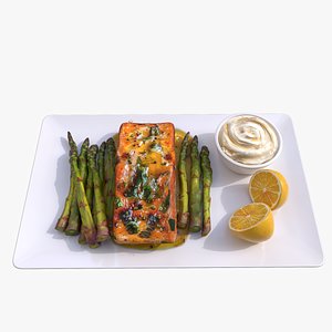 3D Greek Marinated Salmon Steak with  Asparagus 3D
