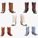 Colección de cinco modelos 3D de botas vaqueras del oeste, listos para videojuegos (PBR).