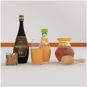 3D Bottle of whiskey juice and jar of honey model