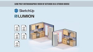 Low poly orthographic view of kitchen in a studio house model