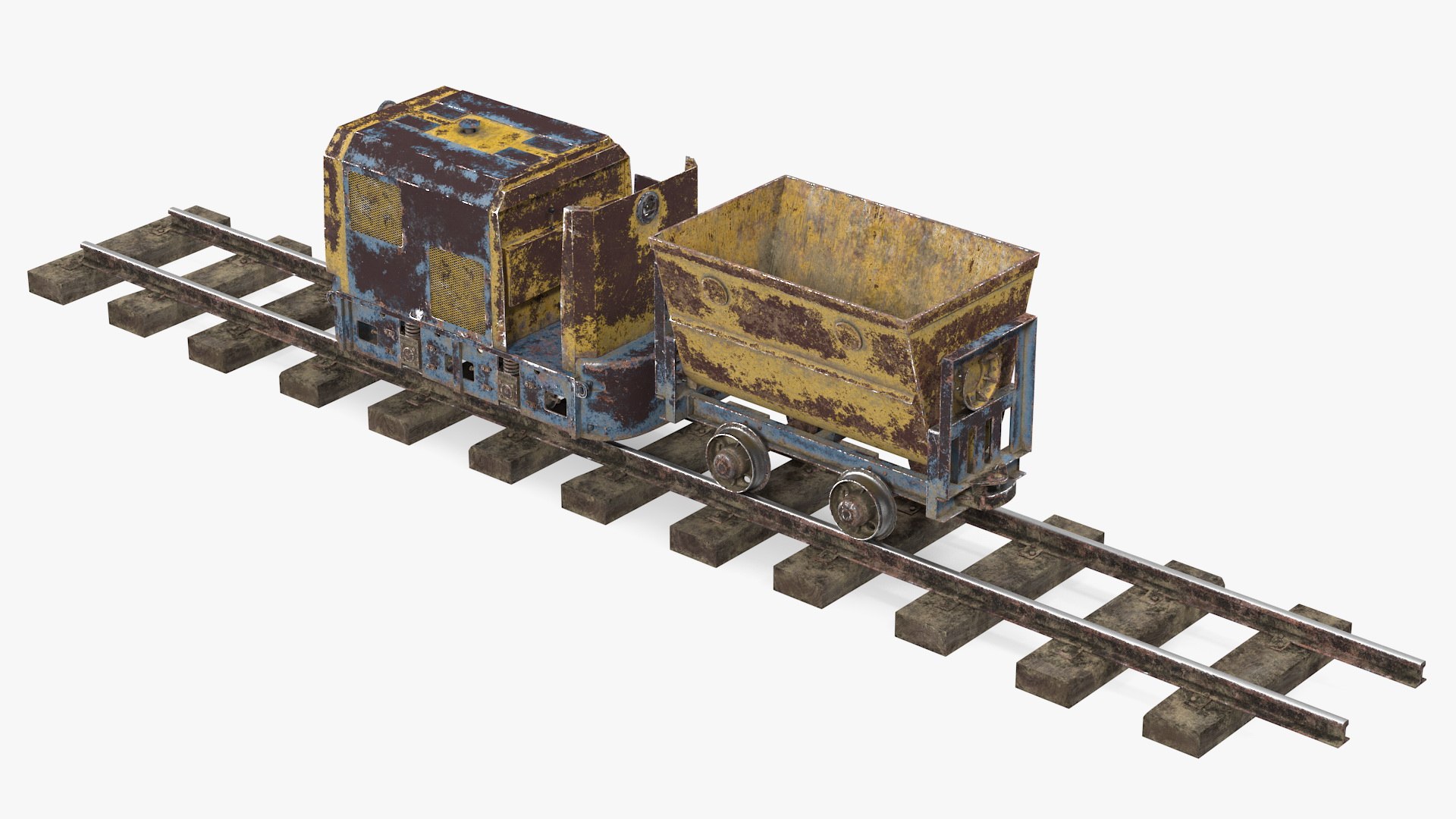 Mining Locomotive with Minecart on Railway Section Rusted 3D model preview