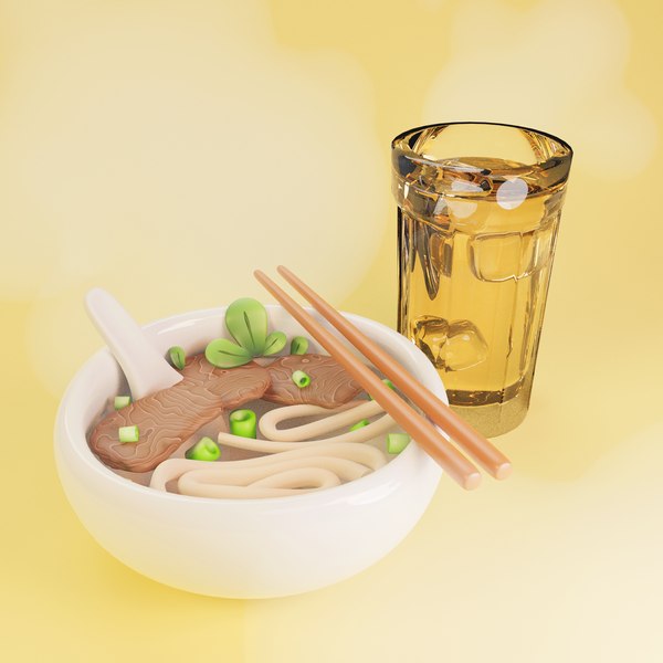 3D model Cartoon Low Poly Beef Noodle Soup and Ice Tea
