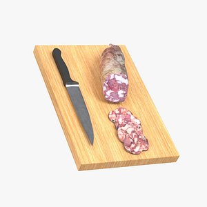 3D Slices of salami on a wooden cutting board model