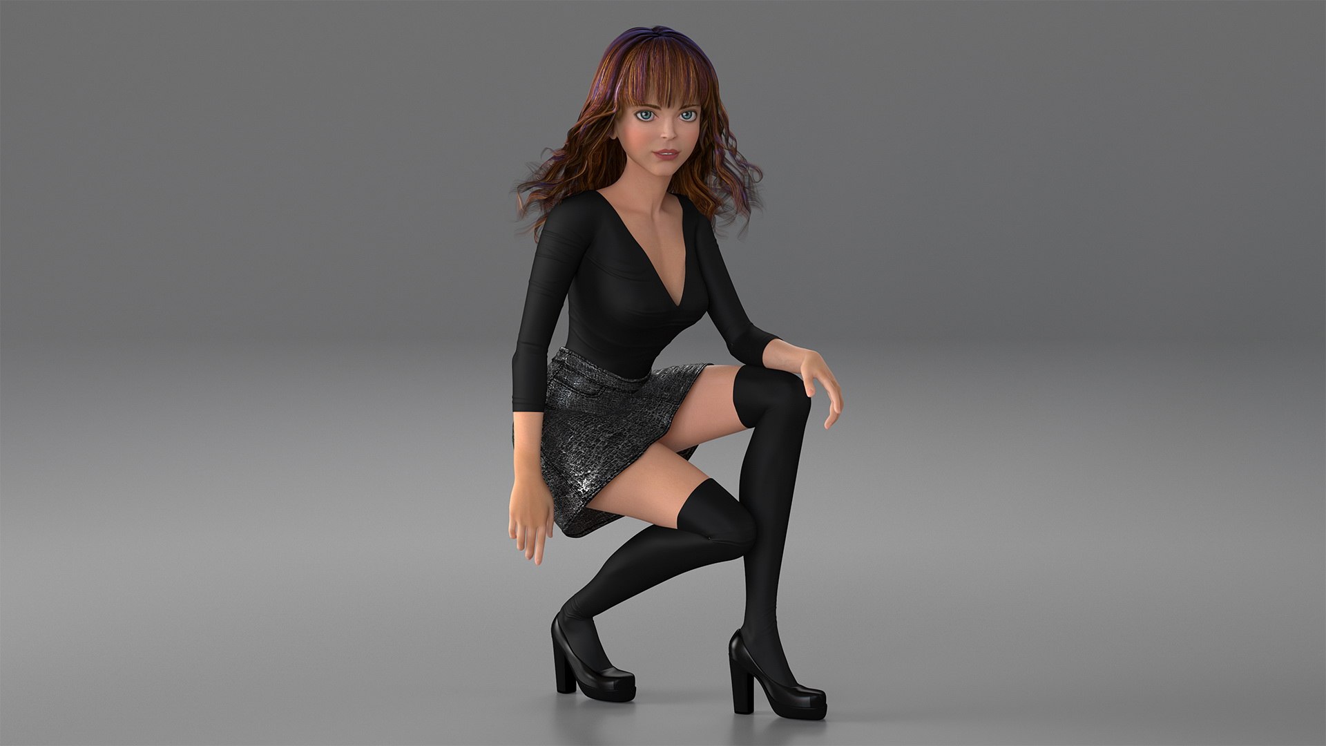 Cartoon Young Woman Clothes Sitting Pose 3D model preview