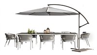 Outdoor Patio Dining Set with 6 Gray Woven Chairs and Cantilever Umbrella