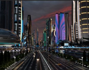Future City. Night. Main Street