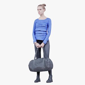 Blue Dress Woman in Leather Pants Holding Sportsbag Remastered