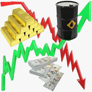 3D dollars banknotes bars oil barrel