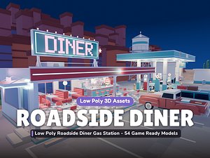 Low Poly Roadside Diner Gas Station - 54 Game Ready Models
