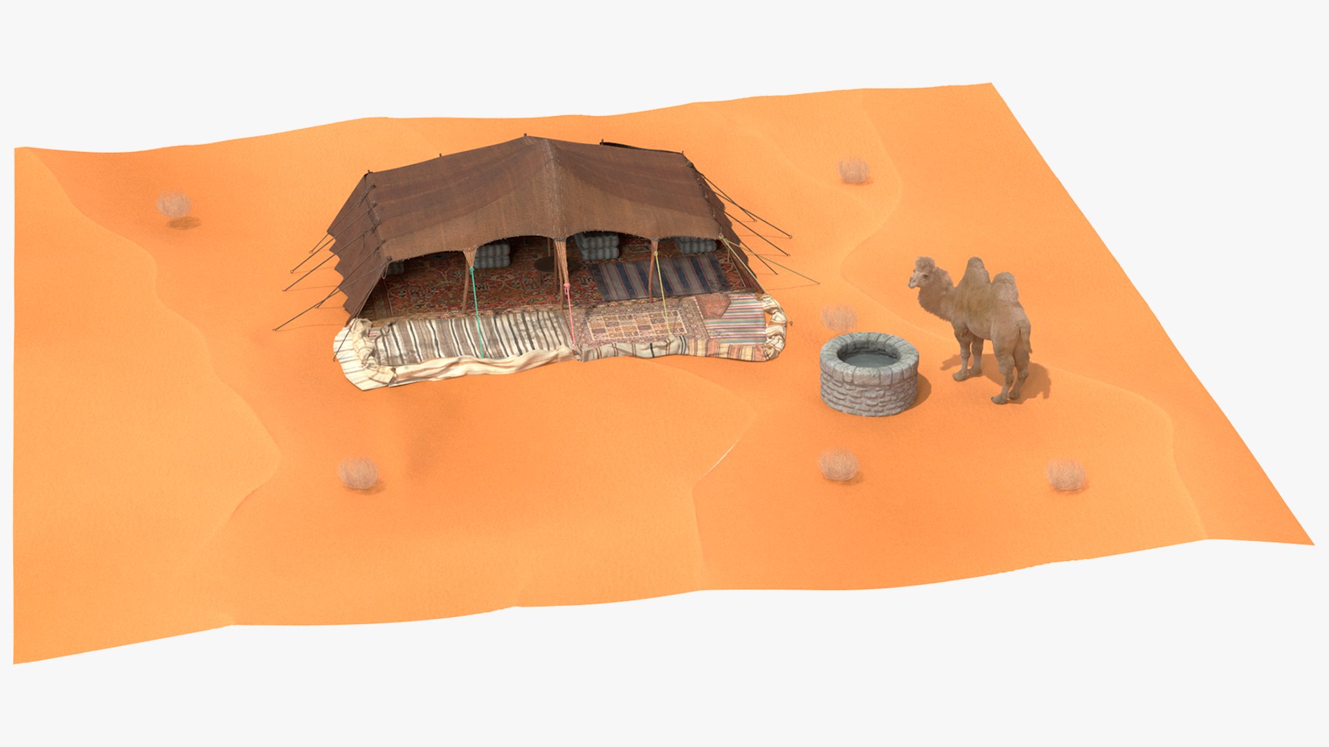 Desert Camp with Camel and Tent Fur 3D model preview