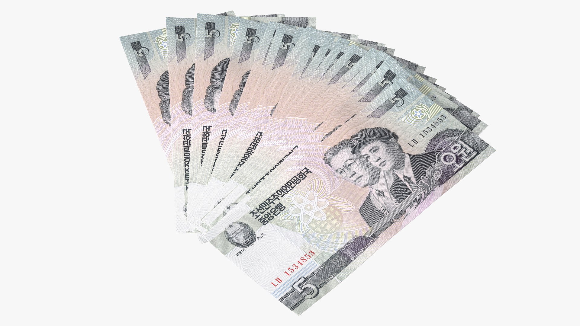 Fan Shaped North Korea 5 Won Banknotes 3D model preview