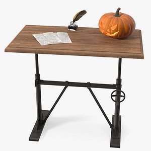Vintage Table with Jack o Lantern and Feather Ink 3D model