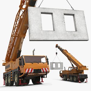 Liebherr Mobile Crane Lifting Concrete Wall Orange Rigged model