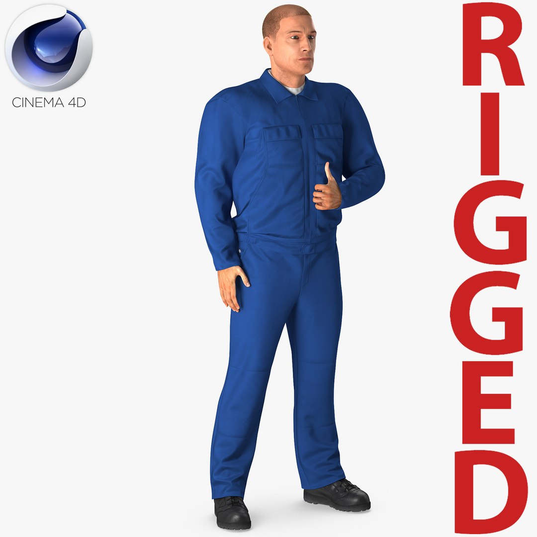 Mechanic Worker Wearing Blue Overalls Rigged for Cinema 4D 3D model preview
