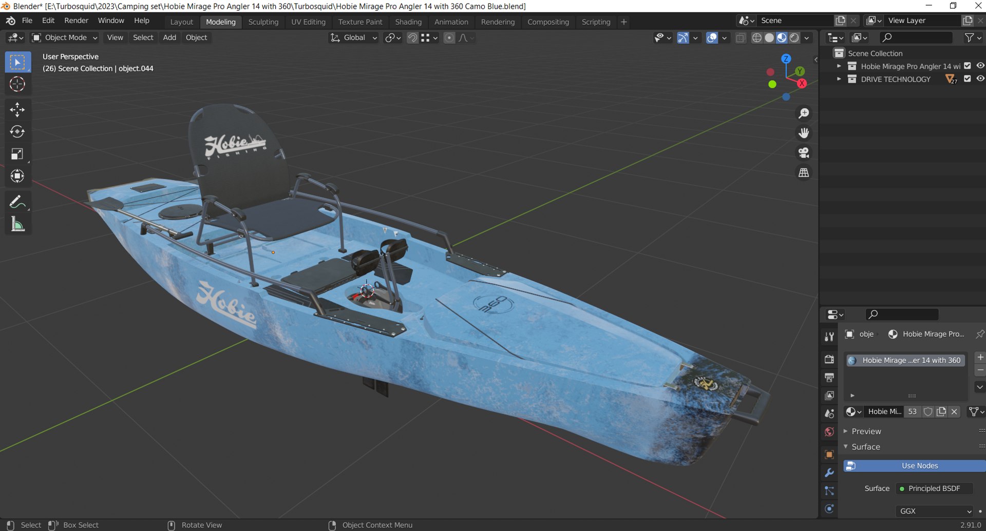 3D Kayak for fishing  Hobie Mirage Pro Angler 14 with 360 Camo Blue model https://p.turbosquid.com/ts-thumb/Wy/EmXjBZ/gK/screenshot_1/png/1678775201/1920x1080/fit_q87/00302b18291badb05333422e90905b9158893ade/screenshot_1.jpg