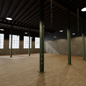 Old Industrial Boxing Gym Interior - Warehouse Hall with Steel Columns PBR