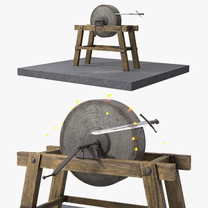 Manual Sharpening Wheel with Medieval Sword Animated Rigged
