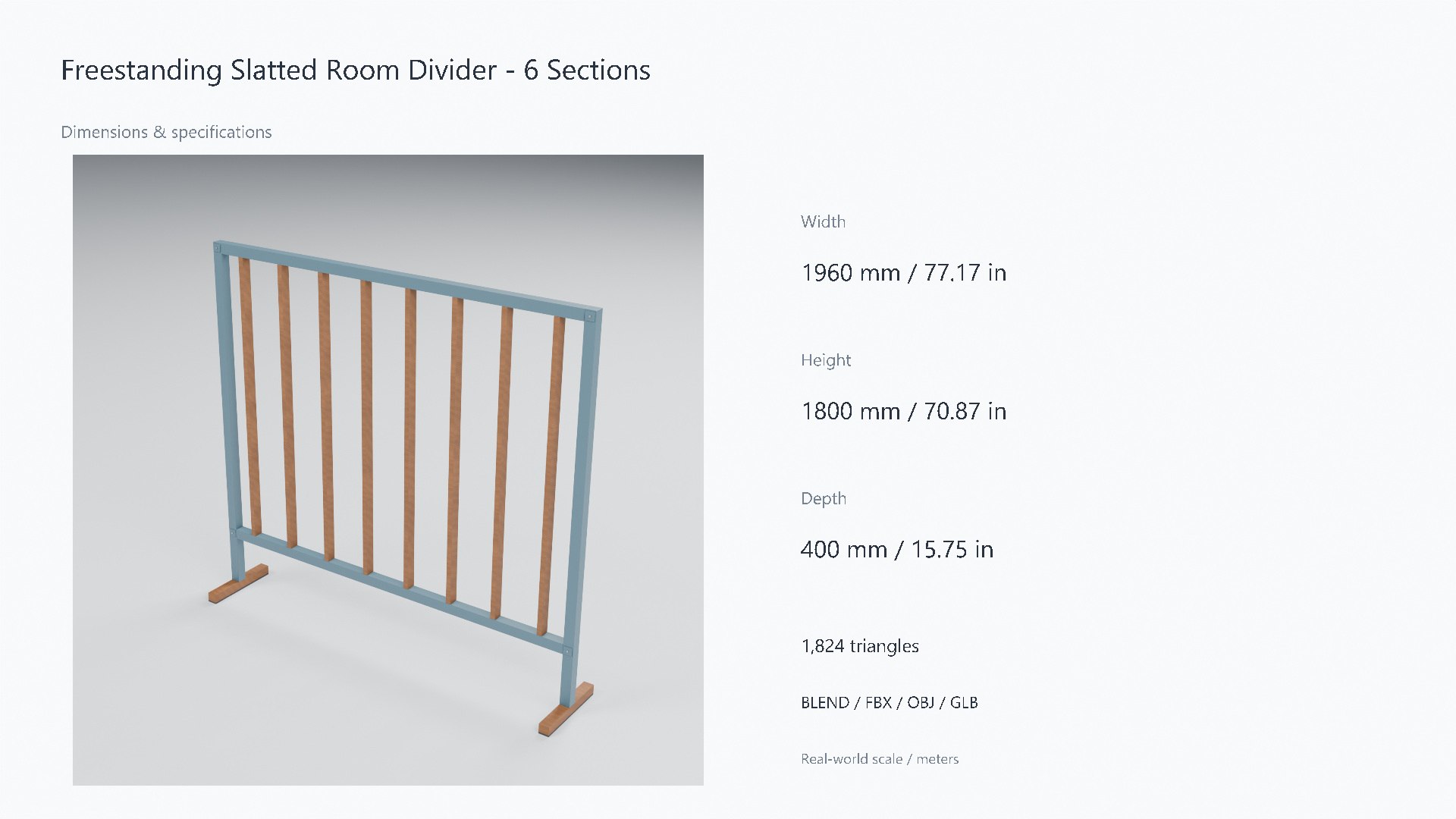 Freestanding Slatted Room Divider - 1960 x 400 x 1800 mm 3D model https://p.turbosquid.com/ts-thumb/X0/GeETkP/5v/07_dimensions/jpg/1788945504/1920x1080/fit_q87/6b98f0633a2007e57787a84ef2f0c77ea13517d1/07_dimensions.jpg