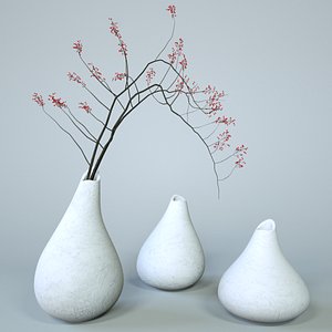 3D white vase set branches model