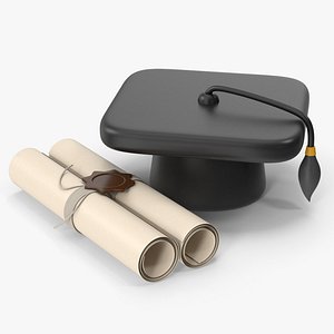 Cartoony Graduation Hat And Certificate 3D model