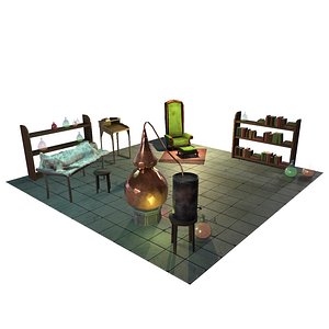 3D Old magic laboratory library game ready stylized asset Low-poly 3D model