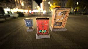 Sci-fi cyberpunk city street electrical boxes