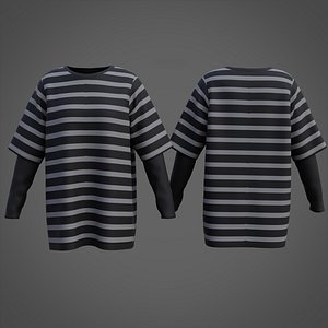 Harajuku Striped T-Shirt Oversized Fake Two piece Long Sleeve Grunge Shirt 3D model