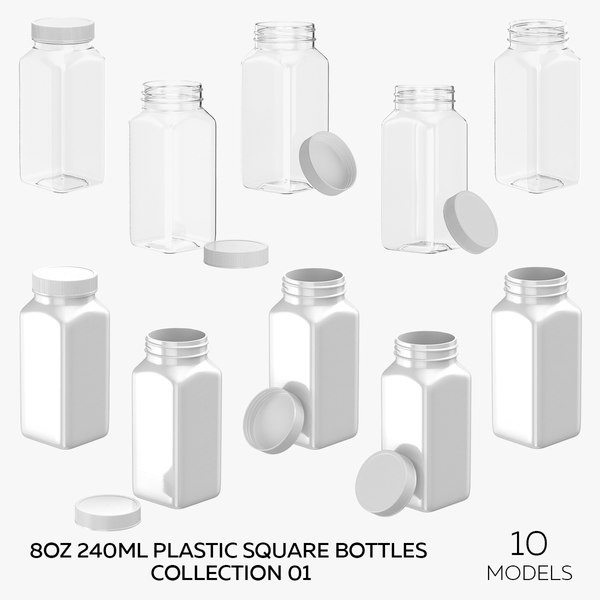 8oz 240ml Plastic Square Bottles Collection 01 - 10 models 3D model