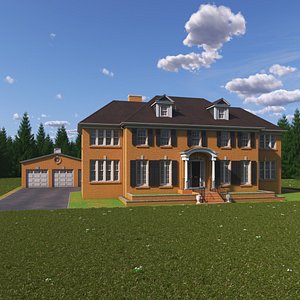 3D Colonial Brick House With Garage