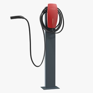 3D Red Wall Connector Charger Tesla on Pedestal