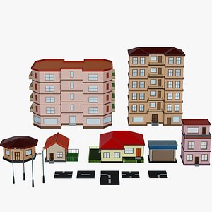 Low poly City Buildings assets for 3D games- garages small house apartment road city lights 3D model