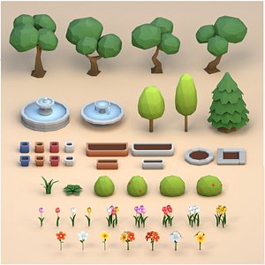 Cartoon Low Poly Trees Flowers Pack
